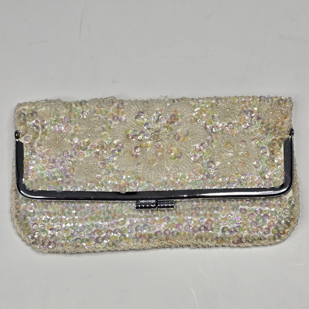 Vintage Sequin & Beaded Clutch White Iridescent Floral Evening Cocktail Wedding